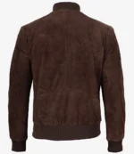Back view of men’s dark brown suede bomber jacket with ribbed hem and cuffs