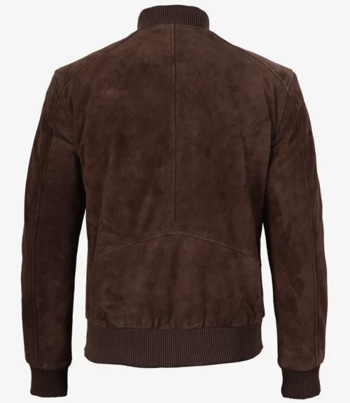 Back view of men’s dark brown suede bomber jacket with ribbed hem and cuffs
