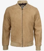 Men’s camel suede bomber jacket, front closed with ribbed collar