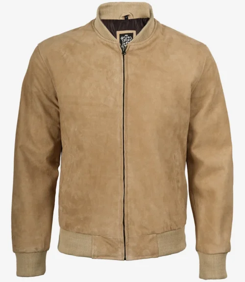 Men’s camel suede bomber jacket, front closed with ribbed collar