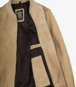 Interior lining and pocket of men’s camel suede bomber jacket