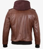 Back view of men’s cognac brown leather bomber jacket with hood and ribbed hem