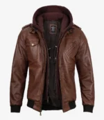 Men’s cognac bomber leather jacket, front open with hood and zipper pockets