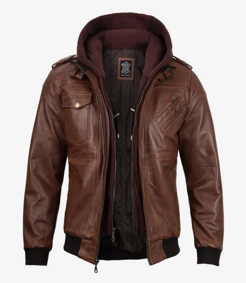 Men’s cognac bomber leather jacket, front open with hood and zipper pockets