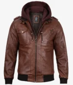 Men’s cognac brown bomber leather jacket, front view zipped with hood and multiple pockets