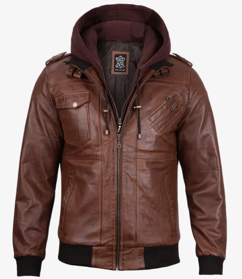 Men’s cognac brown bomber leather jacket, front view zipped with hood and multiple pockets