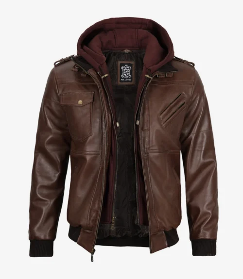 Brown leather jacket with a zipper, zippered chest pocket, and buttoned side pocket, featuring a detachable dark maroon hoodie insert.