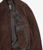 Interior lining and pocket of men’s dark brown suede bomber jacket