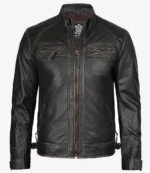 Black leather jacket with a high collar and zipper detail. Features quilted shoulder patches and angled chest pockets, exuding a rugged, stylish vibe.