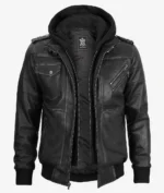Casual men’s grey leather bomber jacket with hood and ribbed cuffs