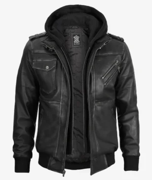 Casual men’s grey leather bomber jacket with hood and ribbed cuffs