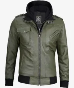 Olive green leather jacket with black hood and ribbed cuffs. Features front zipper, chest pockets, and shoulder epaulets, conveying a rugged, stylish look.
