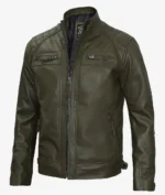 Olive green leather jacket with a sleek design, featuring quilted shoulders and multiple zippers for a modern and stylish look.