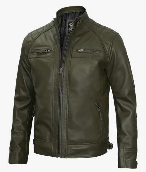 Olive green leather jacket with a sleek design, featuring quilted shoulders and multiple zippers for a modern and stylish look.