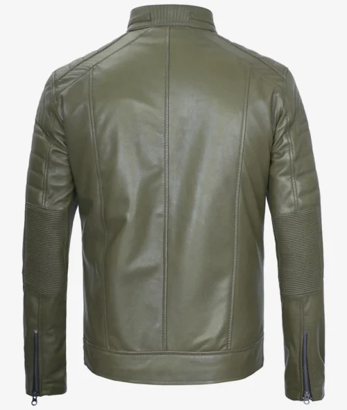 Olive green leather jacket viewed from the back, featuring quilted shoulders and elbows, zippered cuffs, and a sleek, fitted design.