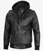 Men’s grey bomber leather jacket with hood and multiple pockets