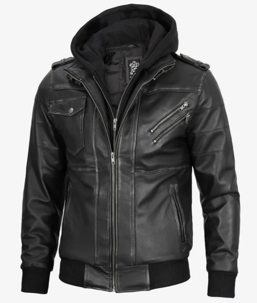 Men’s grey bomber leather jacket with hood and multiple pockets
