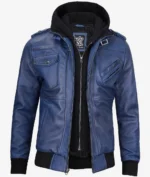 Blue leather jacket with a black hoodie, featuring multiple pockets and a zip closure, ideal for stylish casual wear.