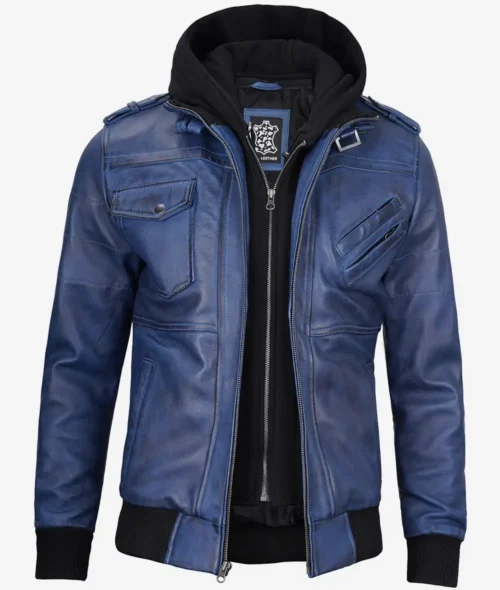 Blue leather jacket with a black hoodie, featuring multiple pockets and a zip closure, ideal for stylish casual wear.