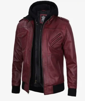 A maroon leather jacket with a black zippered hoodie. The jacket features multiple zip pockets and shoulder epaulets.