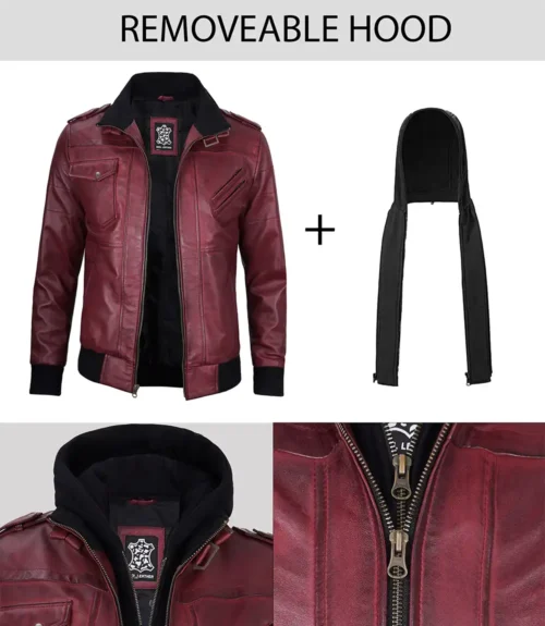 Maroon leather jacket with black removable hood, showcasing front pockets and zipper details. The image conveys a stylish, versatile fashion piece.