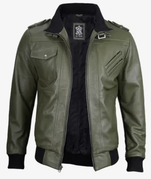 Green leather jacket with multiple pockets, zippered front, and epaulettes, exuding a rugged and stylish vibe. Black ribbed cuffs and collar.
