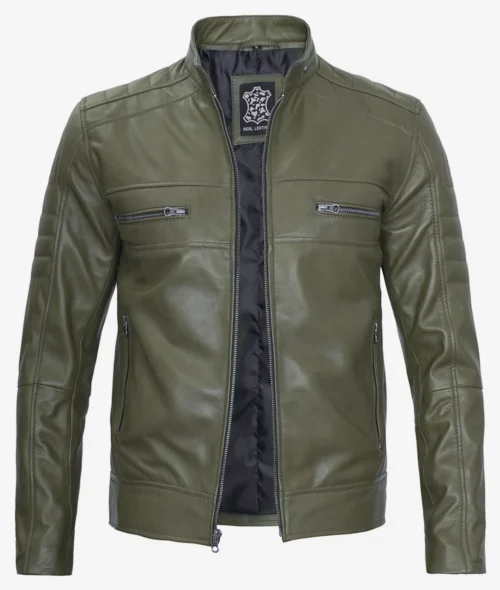 Olive green leather jacket with a high collar and front zipper, featuring four zippered pockets. The jacket has a sleek, modern design, conveying a casual yet stylish tone.