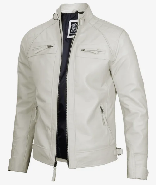 White leather jacket with a zipped front, standing collar, and four zippered pockets. The interior lining is dark, giving a sleek, modern look.