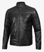 Black leather jacket featuring a sleek, fitted design with a high collar, zippered chest and side pockets, and quilted detailing on the shoulders.