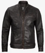 A dark brown leather jacket with a front zipper, two vertical zippered chest pockets, and a collarless design. It conveys a sleek and modern style.