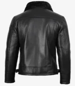 Back view of a stylish black leather jacket featuring a faux fur collar and a fitted silhouette, showcasing its sleek design.