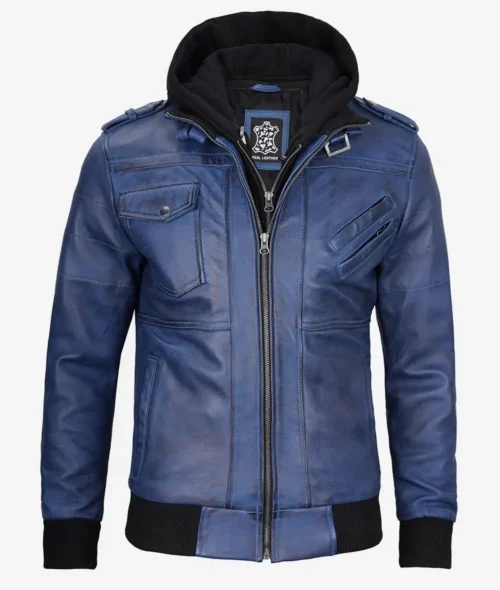 A blue leather jacket with a black hood, multiple zippered and flap pockets, and ribbed cuffs and hem.