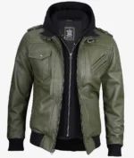 A green leather jacket with zippered front, epaulettes, and black ribbed cuffs. It features a black hood, cargo pockets, and diagonal chest zippers.