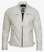 White leather jacket with front zipper, stand-up collar, and zippered pockets. The sleek design conveys a modern, stylish, and edgy look.