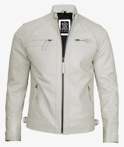 White leather jacket with front zipper, stand-up collar, and zippered pockets. The sleek design conveys a modern, stylish, and edgy look.