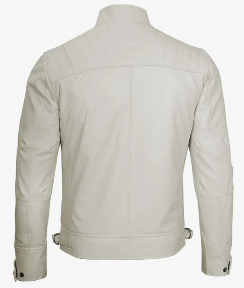 A beige leather jacket is shown from the back, highlighting its quilted shoulder design, long sleeves, and adjustable waist tabs, conveying a sleek, modern style.