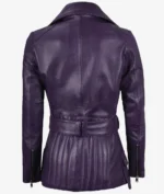 Back view of a stylish purple leather jacket with a wide collar and belted waist. The design is sleek, modern, and conveys a bold, fashionable tone.