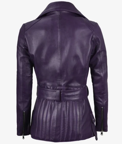 Back view of a stylish purple leather jacket with a wide collar and belted waist. The design is sleek, modern, and conveys a bold, fashionable tone.