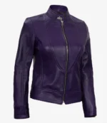 Purple leather jacket with a sleek, fitted design and a front zipper against a plain background, exuding a stylish and modern vibe.