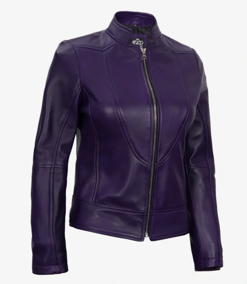 Purple leather jacket with a sleek, fitted design and a front zipper against a plain background, exuding a stylish and modern vibe.