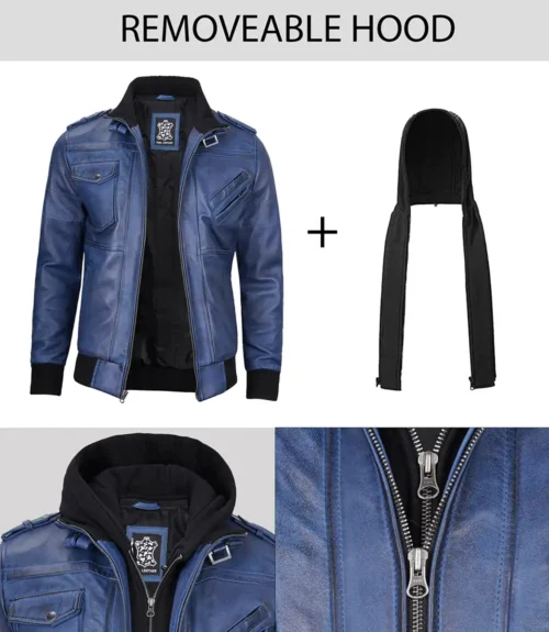 Blue leather jacket with a detachable black hood, featuring multiple pockets and silver zippers. Text reads REMOVABLE HOOD above the image.