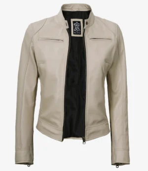 Cream leather jacket with a stand-up collar and open front. Features two zip pockets on the chest and smooth stitching, giving a sleek, modern look.