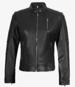 Black leather jacket with a front zipper, zippered pockets, and quilted shoulder panels. The design is sleek and modern, conveying a bold and stylish tone.