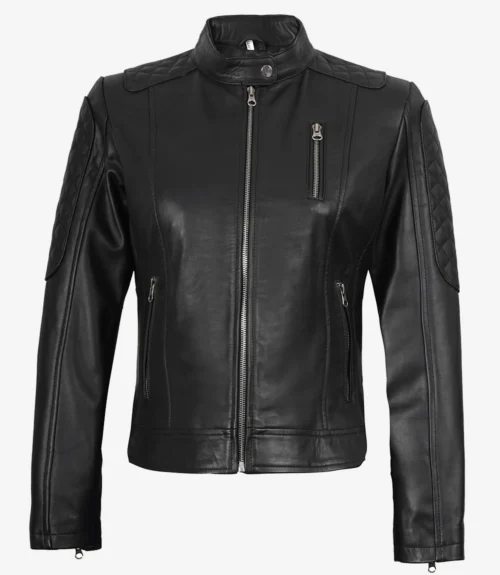 Black leather jacket with a front zipper, zippered pockets, and quilted shoulder panels. The design is sleek and modern, conveying a bold and stylish tone.
