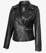 Black leather jacket with silver zippers and buttons. It has a trendy, edgy look with a notched lapel, zippered pockets, and smooth finish.
