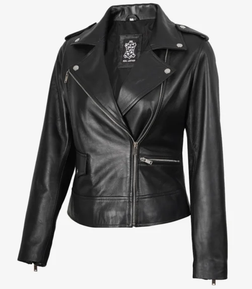 Black leather jacket with silver zippers and buttons. It has a trendy, edgy look with a notched lapel, zippered pockets, and smooth finish.