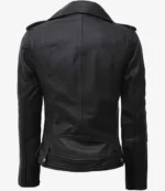 Rear view of a black leather jacket on a white background. The jacket has a sleek design with shoulder epaulettes and a fitted waist, conveying a classic, edgy look.
