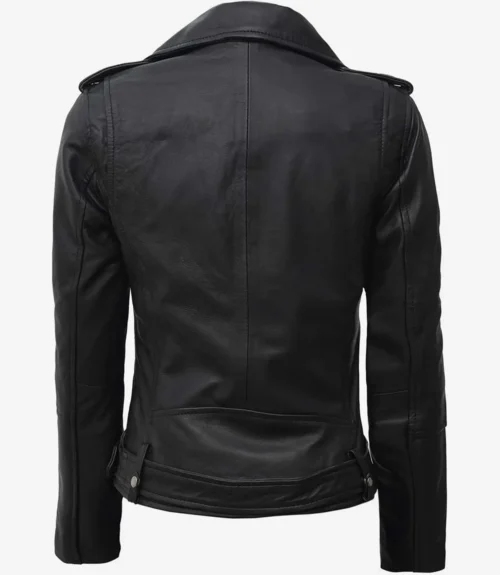 Rear view of a black leather jacket on a white background. The jacket has a sleek design with shoulder epaulettes and a fitted waist, conveying a classic, edgy look.