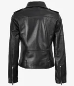 Black leather jacket viewed from the back, showcasing a sleek design with shoulder epaulets and zippered cuffs. The tone is stylish and edgy.