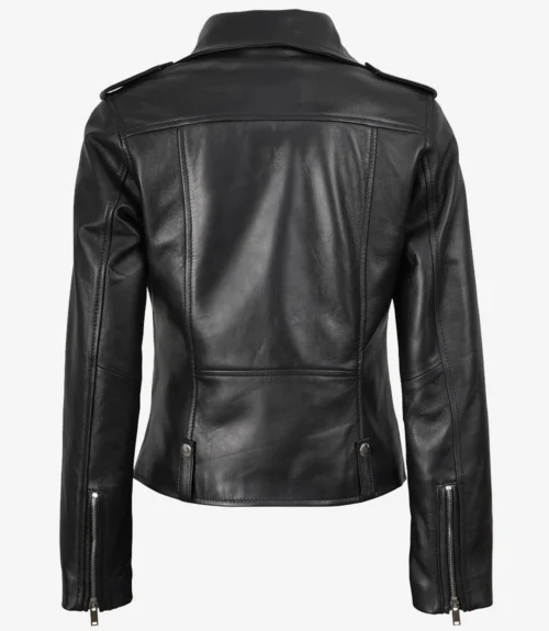 Black leather jacket viewed from the back, showcasing a sleek design with shoulder epaulets and zippered cuffs. The tone is stylish and edgy.